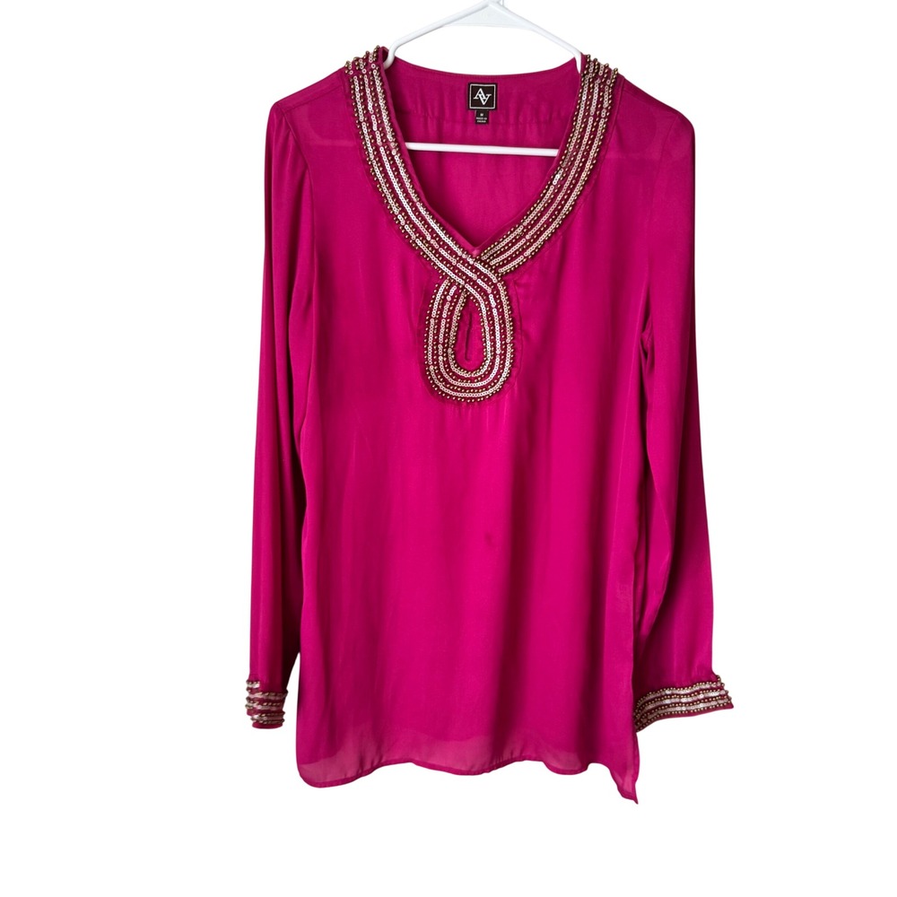 AV Adriana Voloshchuk Magenta Beaded Tunic Blouse Womens Medium Pink V-Neck Top